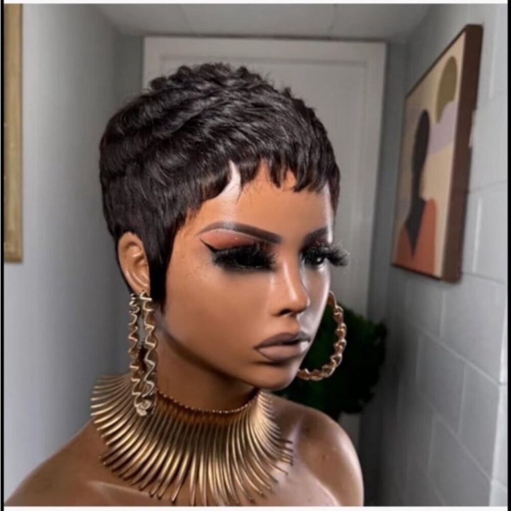 Short Glueless Pixie Cut Human Hair Wig with Bangs Lightweight Breathable Wear